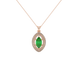 Marquise cut emerald green gemstone pendant, rose gold falling edge halo setting.