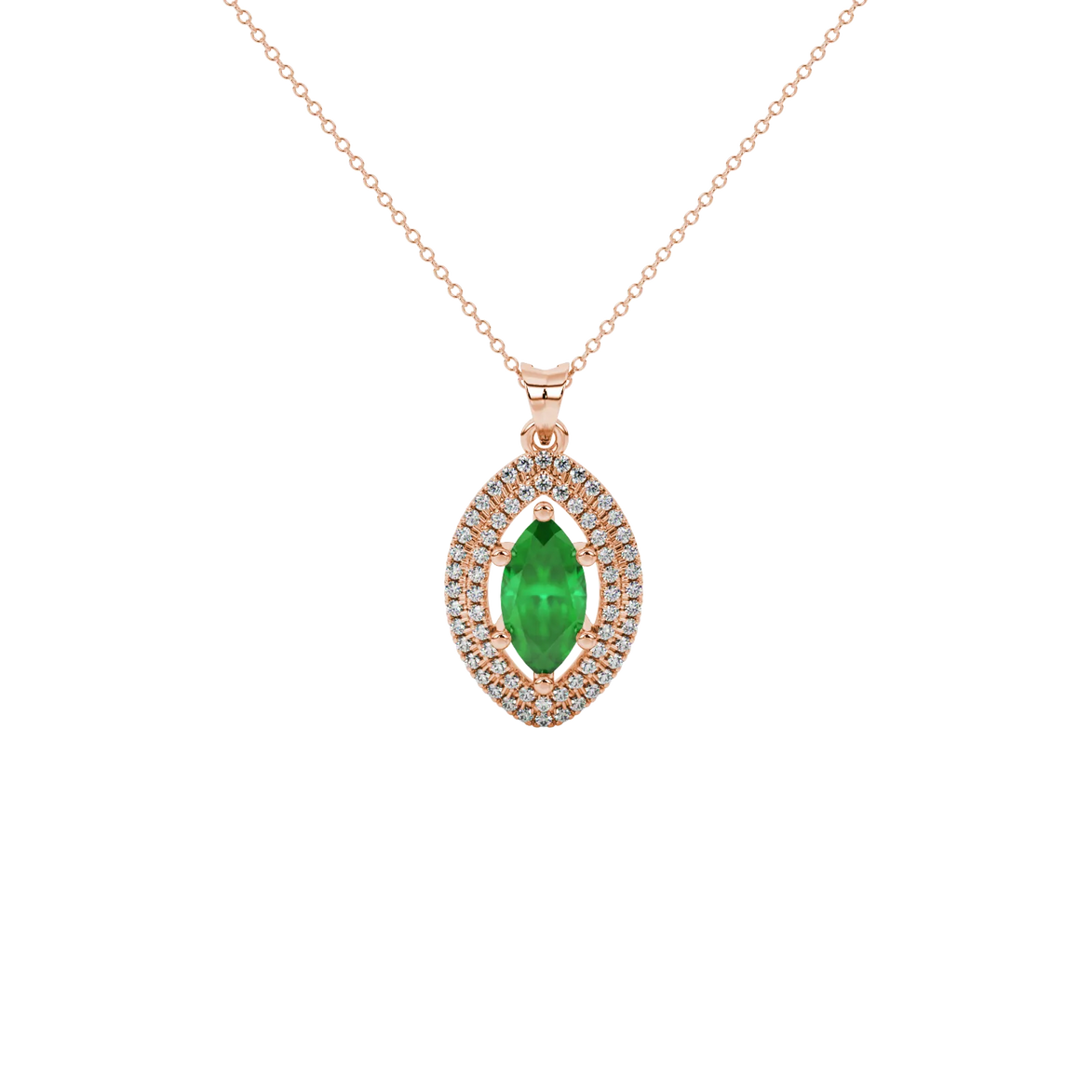 Marquise cut emerald green gemstone pendant, rose gold falling edge halo setting.
