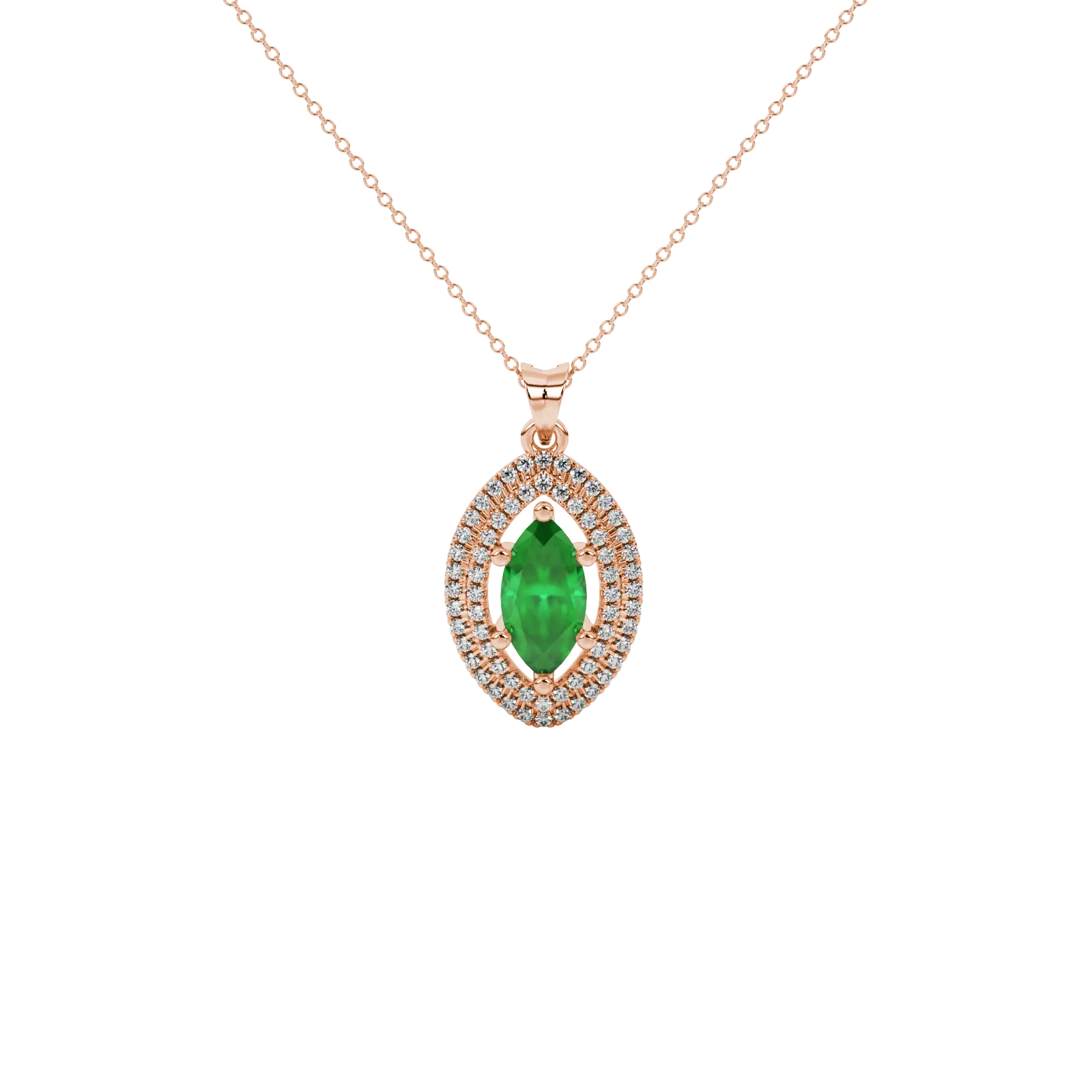 Marquise cut emerald green gemstone pendant, rose gold falling edge halo setting.