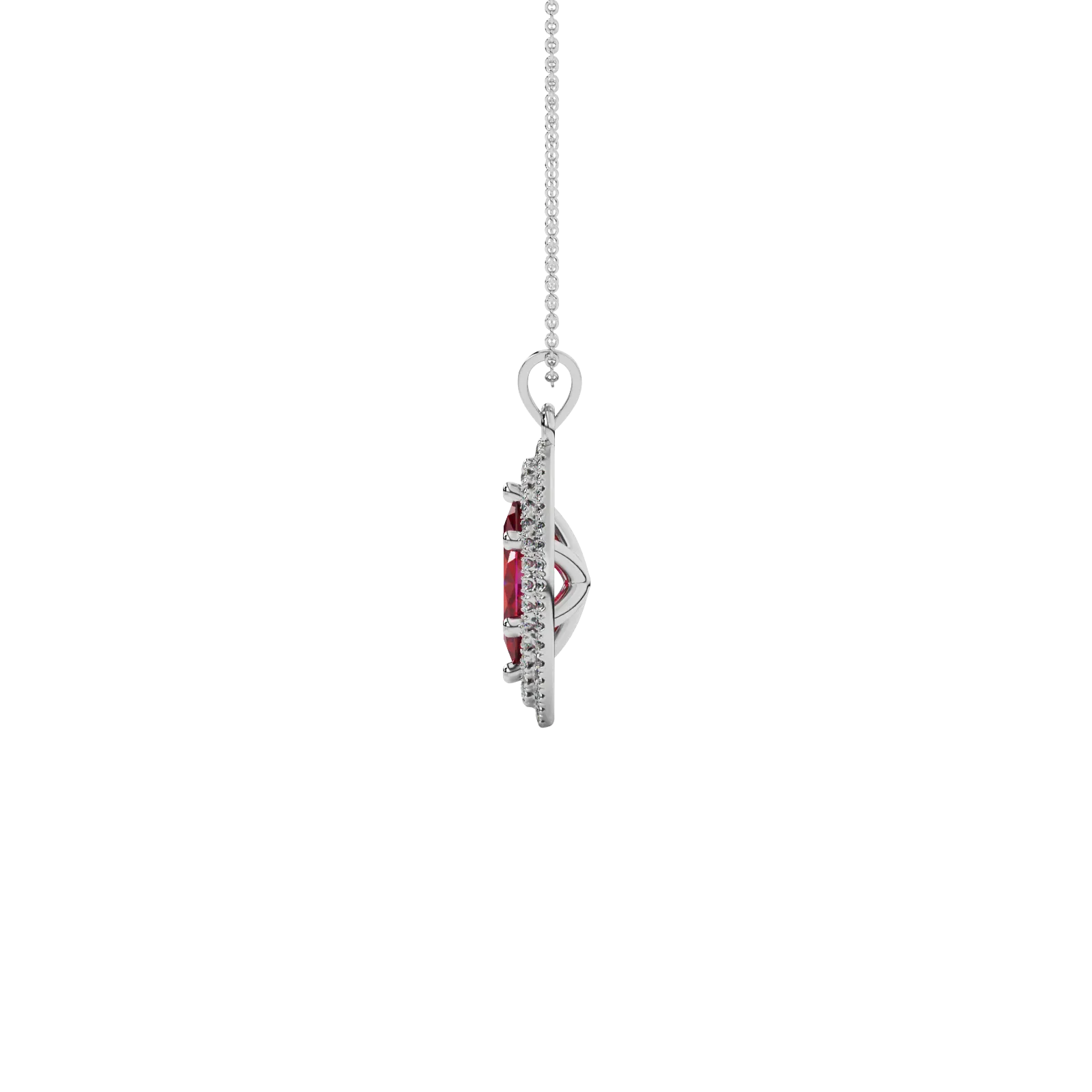 Side profile, white gold raspberry red pendant, falling edge halo gallery.