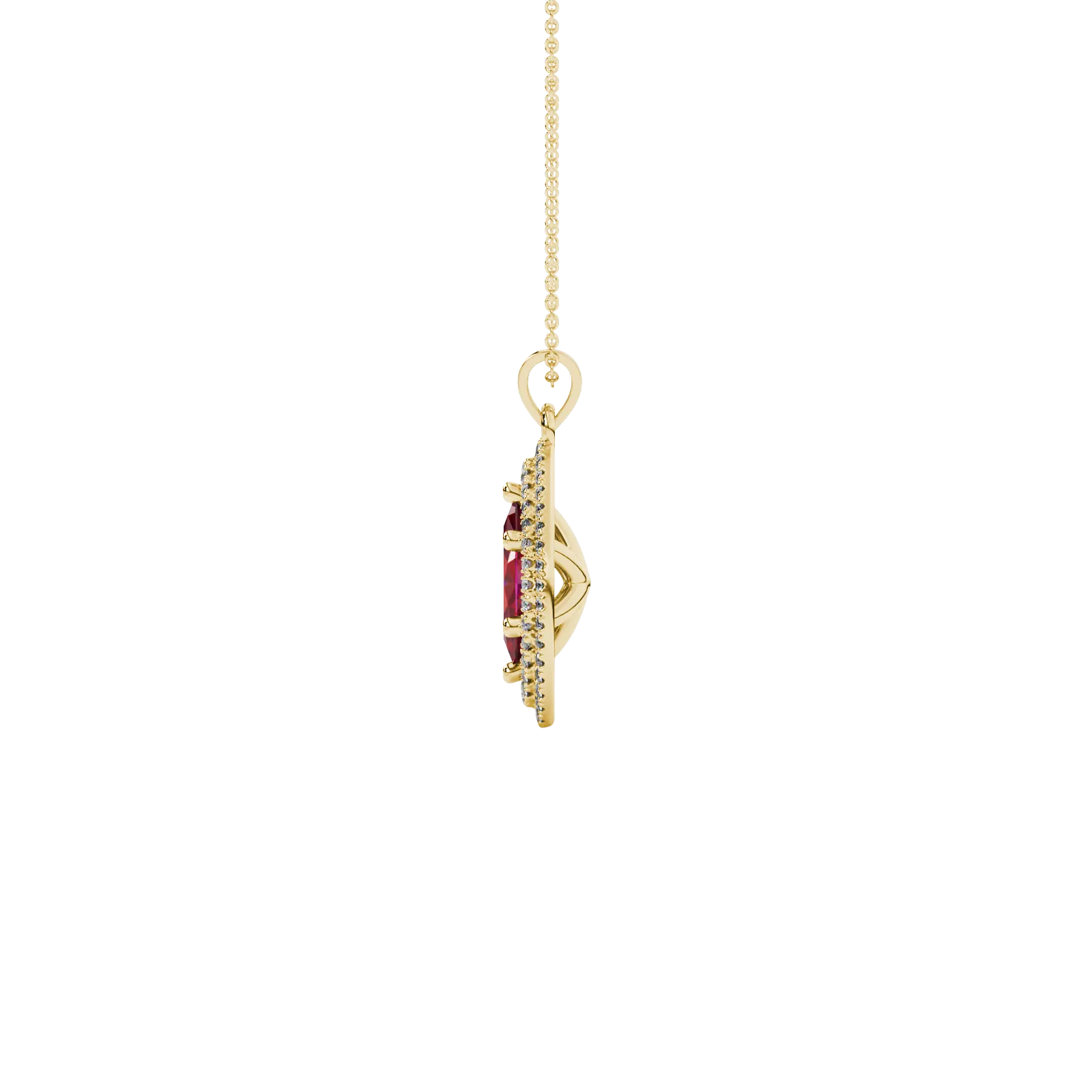 Side profile, yellow gold raspberry red pendant, falling edge halo gallery.