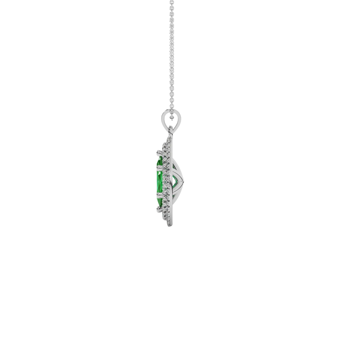 Side profile, white gold emerald green pendant, falling edge halo gallery.