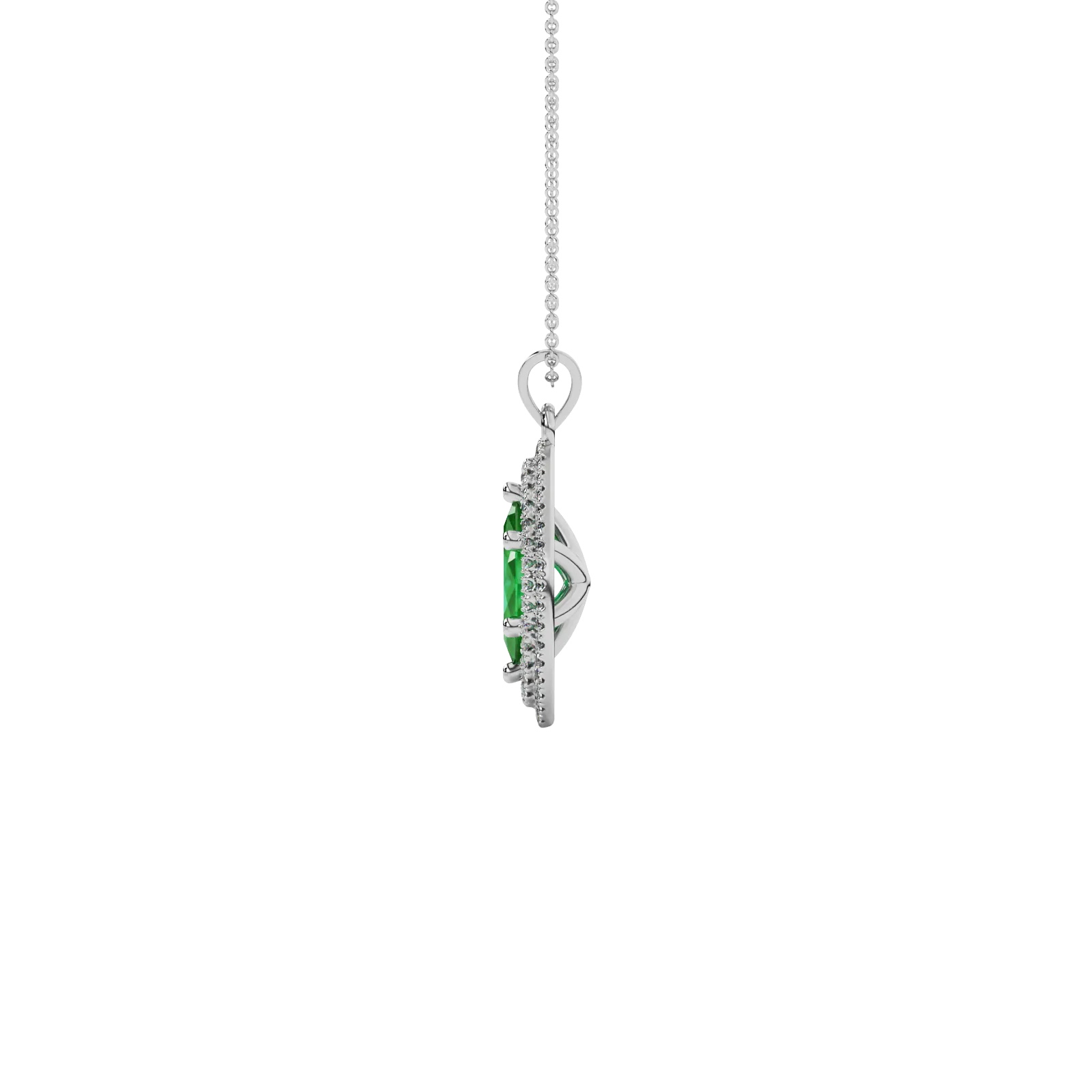 Side profile, white gold emerald green pendant, falling edge halo gallery.