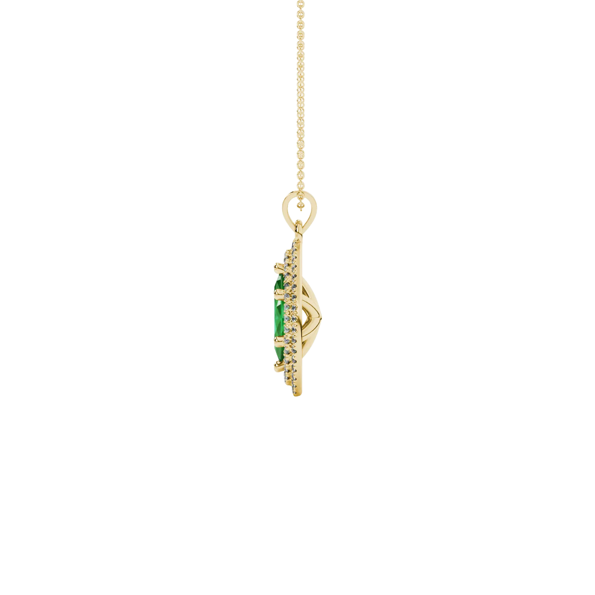 Side profile, yellow gold emerald green pendant, falling edge halo gallery.