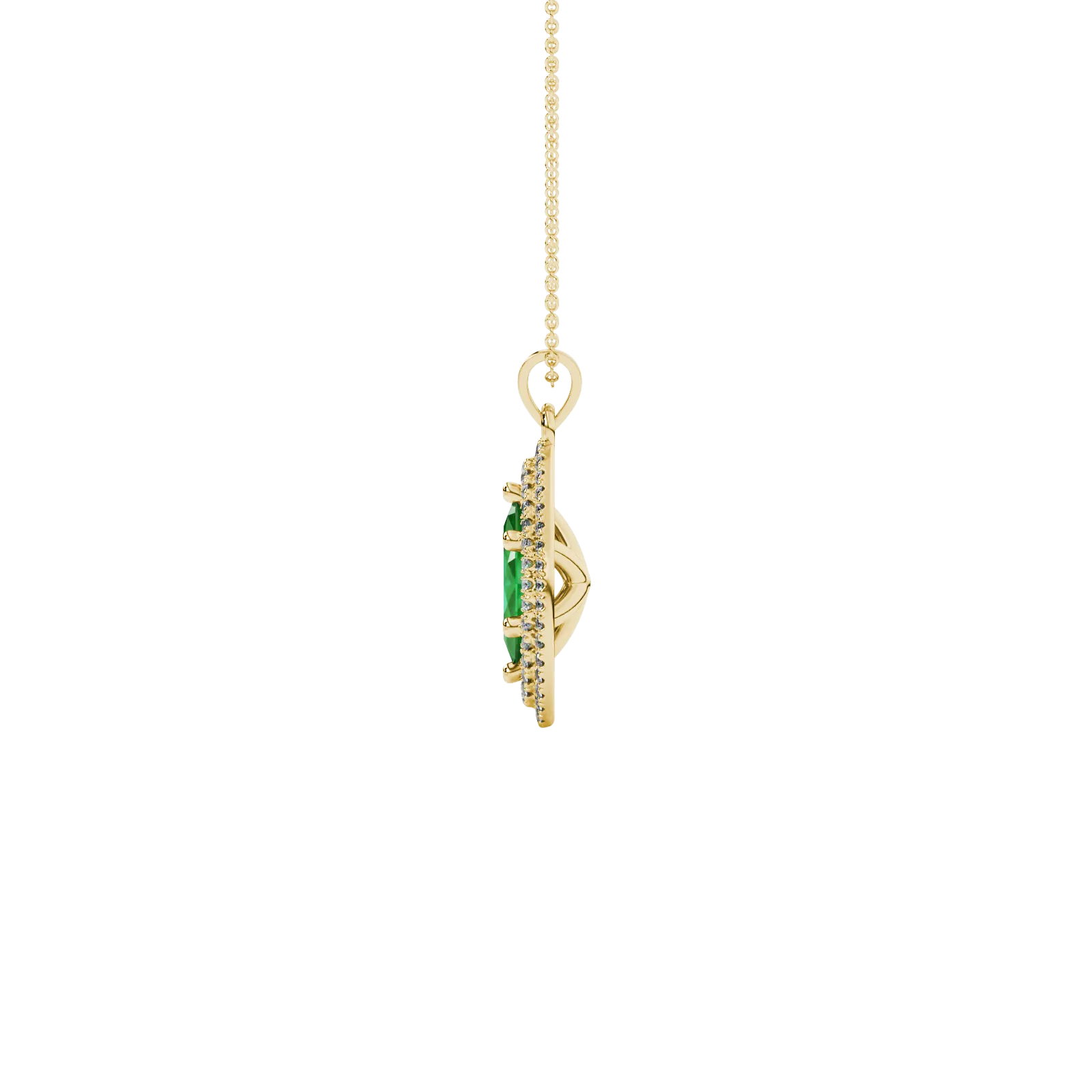 Side profile, yellow gold emerald green pendant, falling edge halo gallery.