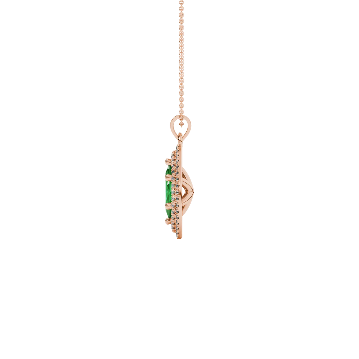 Side profile, rose gold emerald green pendant, falling edge halo gallery.