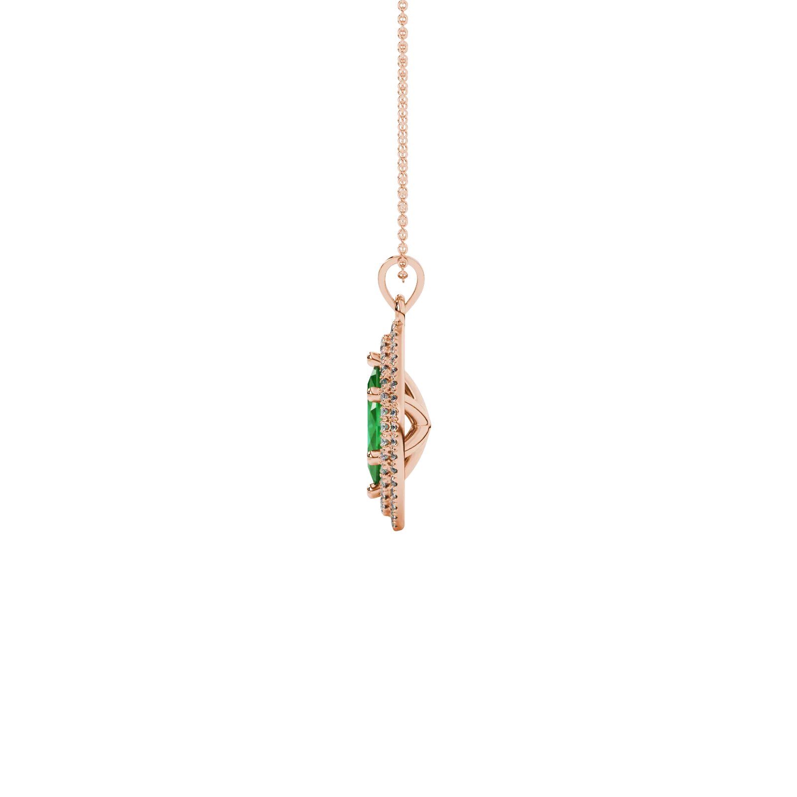 Side profile, rose gold emerald green pendant, falling edge halo gallery.