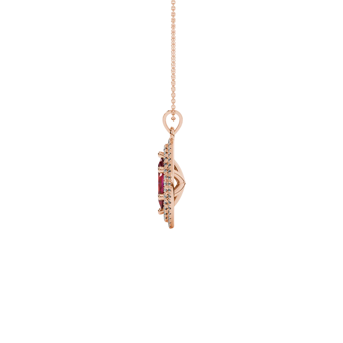 Side profile, rose gold raspberry red pendant, falling edge halo gallery.