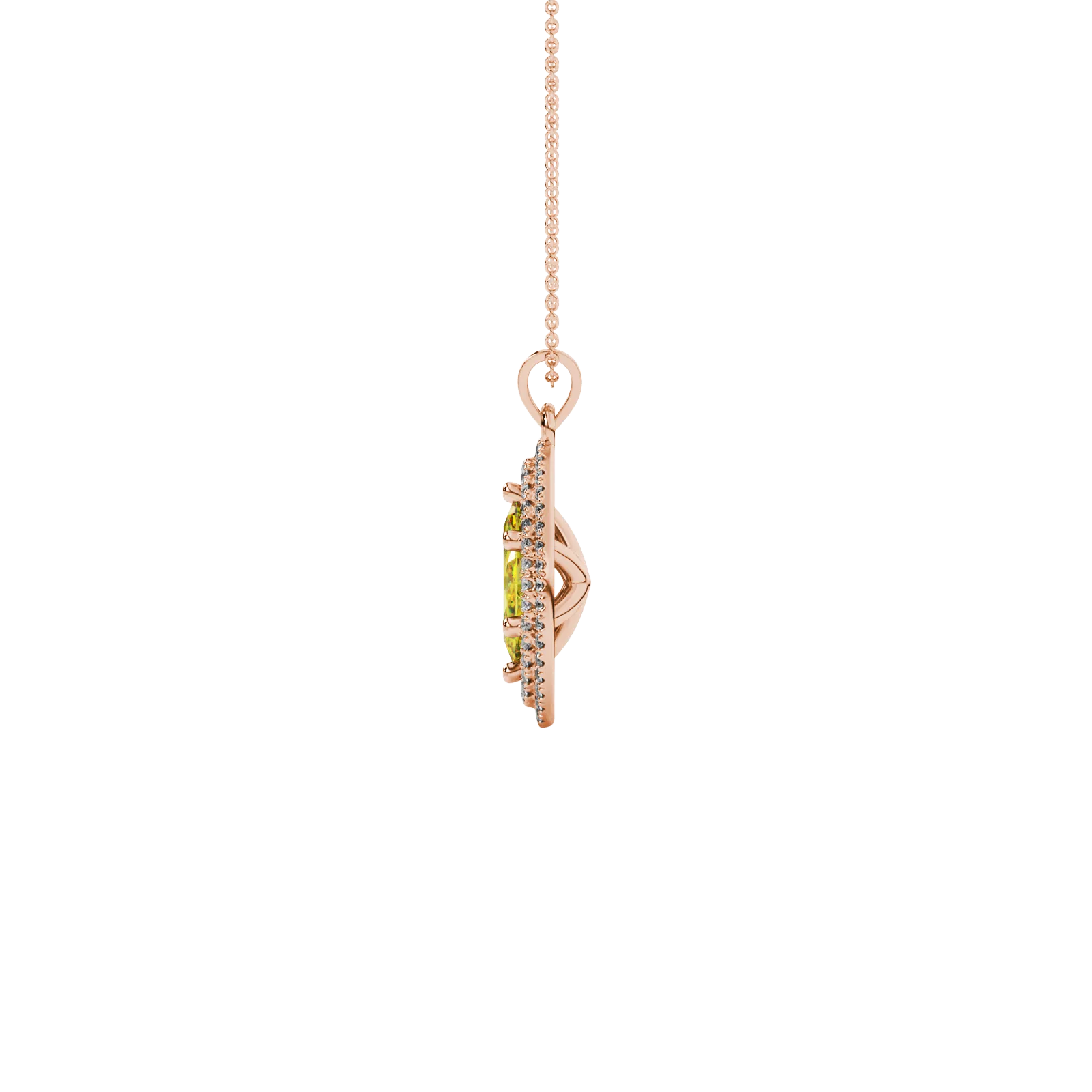 Side profile, rose gold canary yellow pendant, falling edge halo gallery.