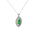 Close-up marquise cut emerald green gemstone, white gold falling edge halo.
