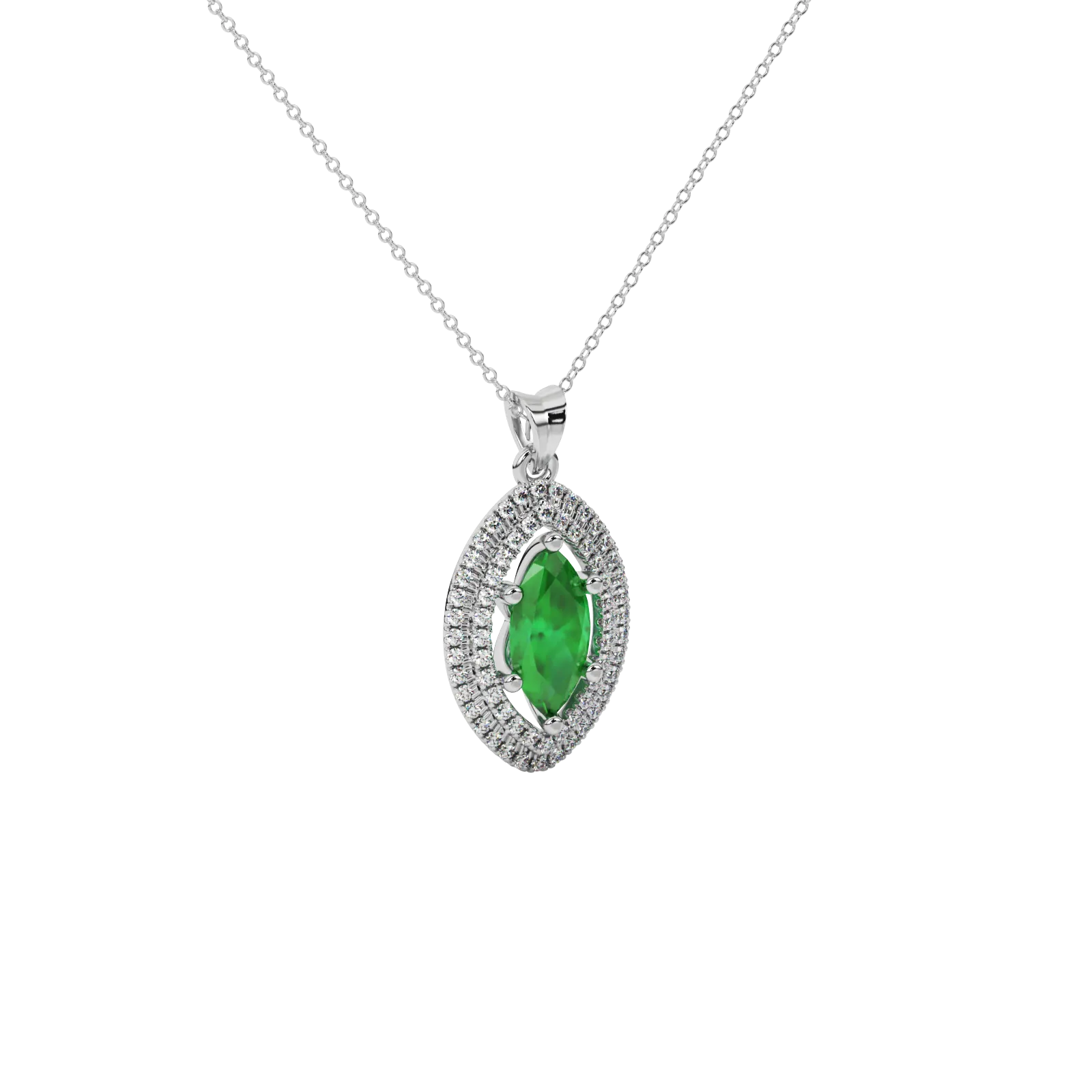 Close-up marquise cut emerald green gemstone, white gold falling edge halo.