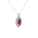 Close-up marquise cut raspberry red gemstone, white gold falling edge halo.