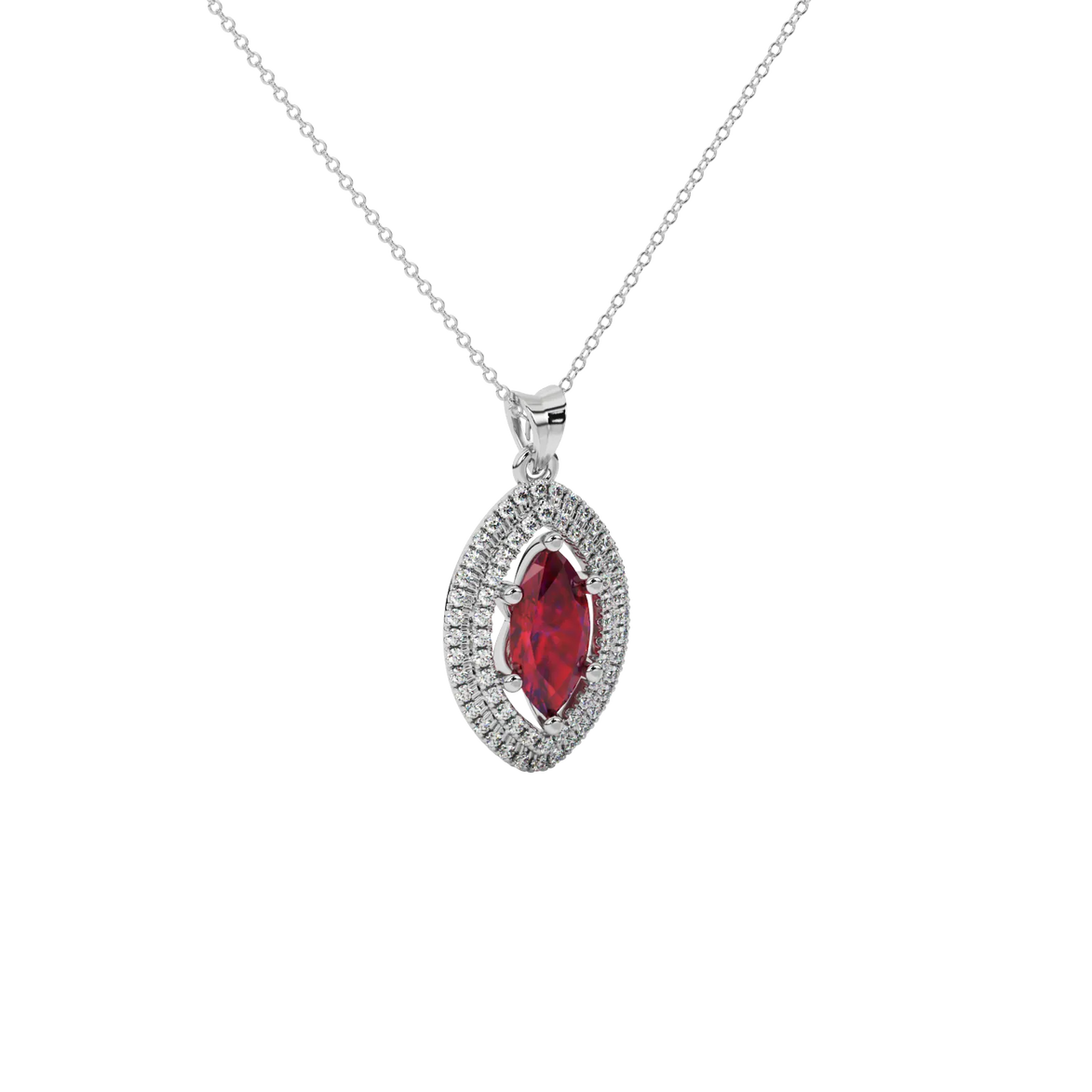 Close-up marquise cut raspberry red gemstone, white gold falling edge halo.
