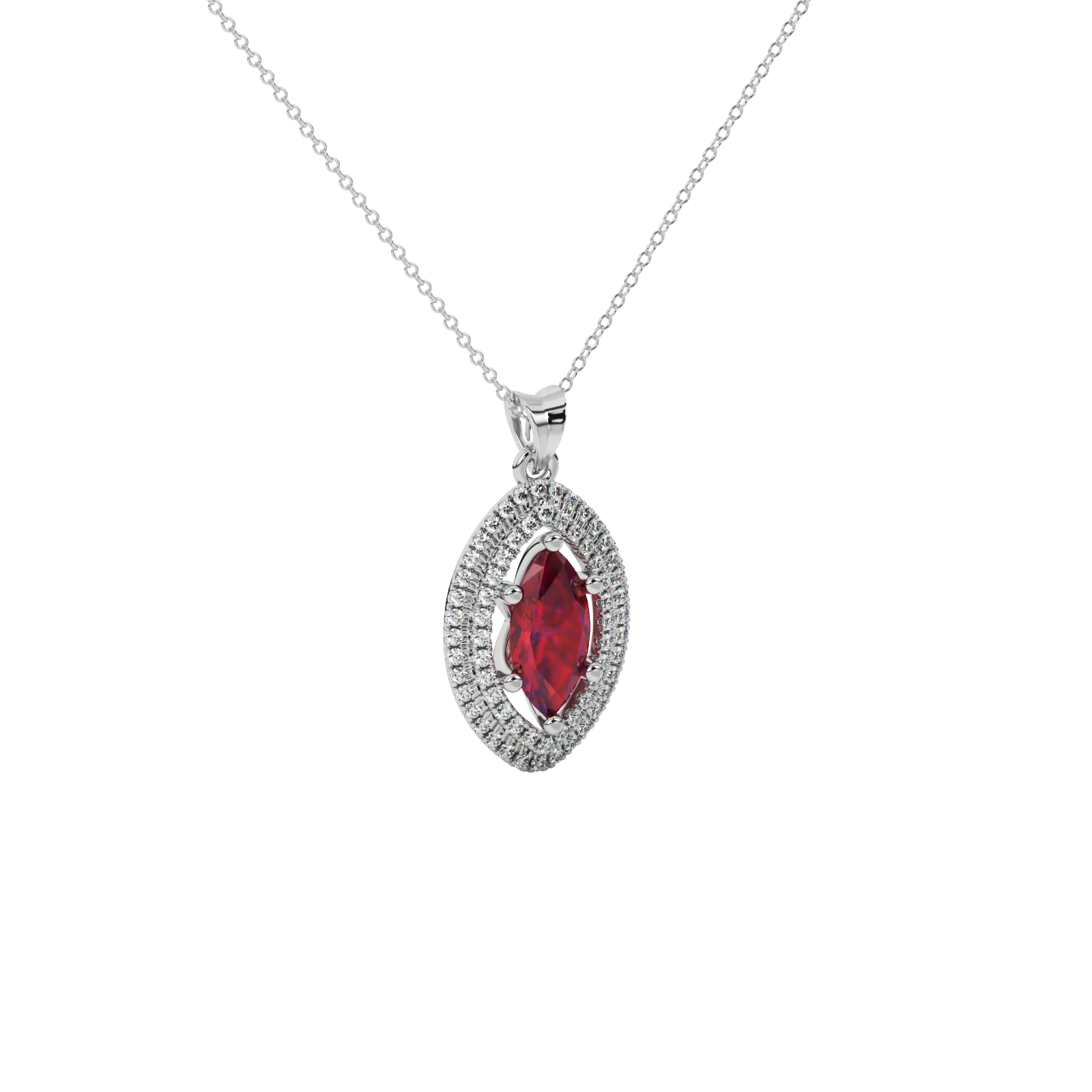 Close-up marquise cut raspberry red gemstone, white gold falling edge halo.