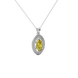 Close-up marquise cut canary yellow gemstone, white gold falling edge halo.
