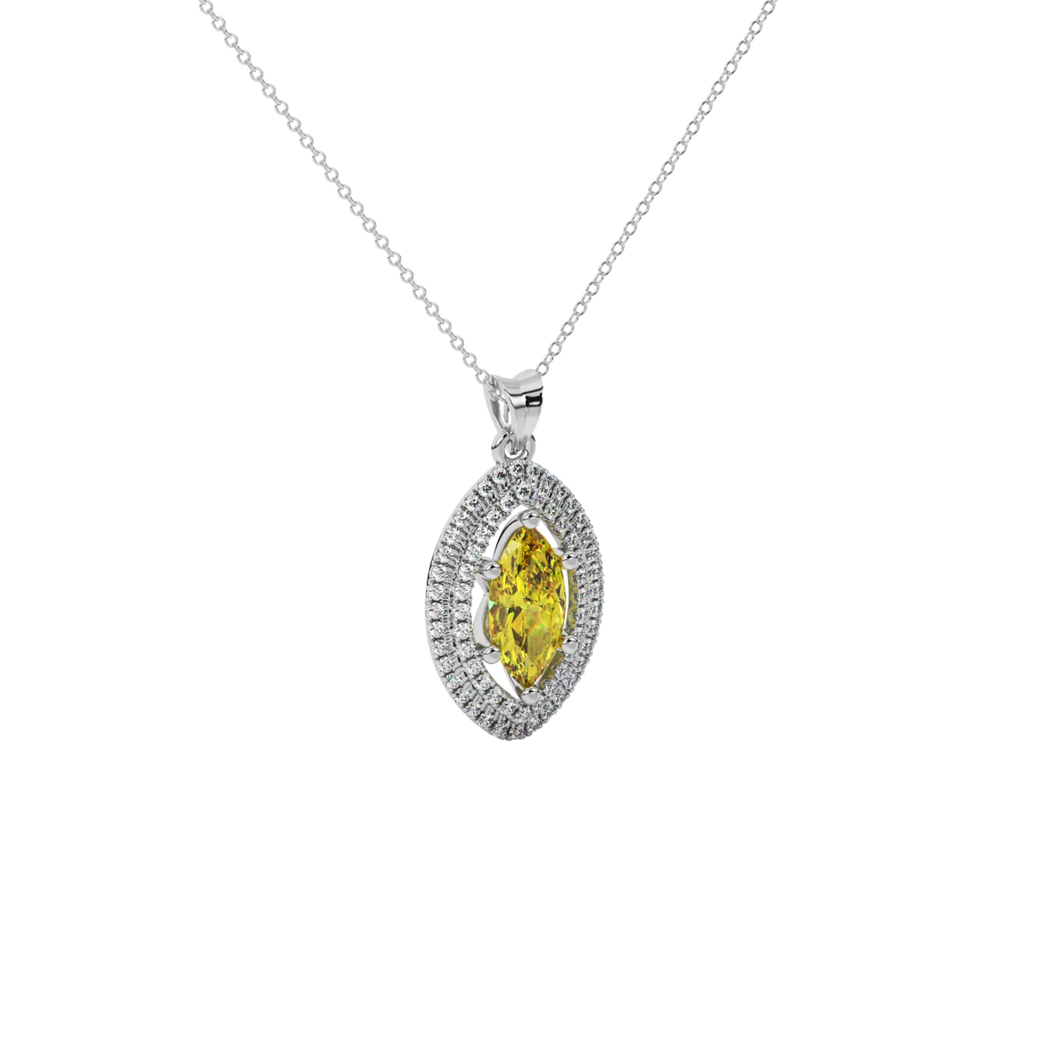 Close-up marquise cut canary yellow gemstone, white gold falling edge halo.