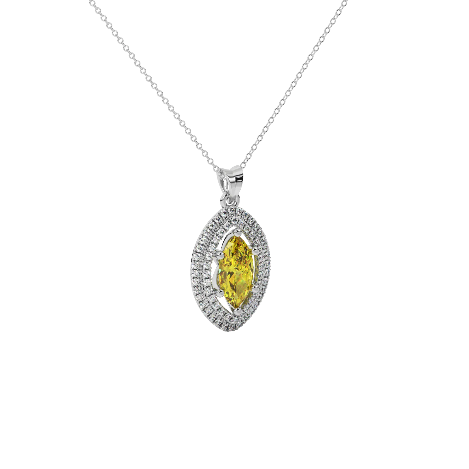 Close-up marquise cut canary yellow gemstone, white gold falling edge halo.