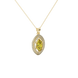 Close-up, marquise cut canary yellow gemstone, yellow gold falling edge halo pendant.
