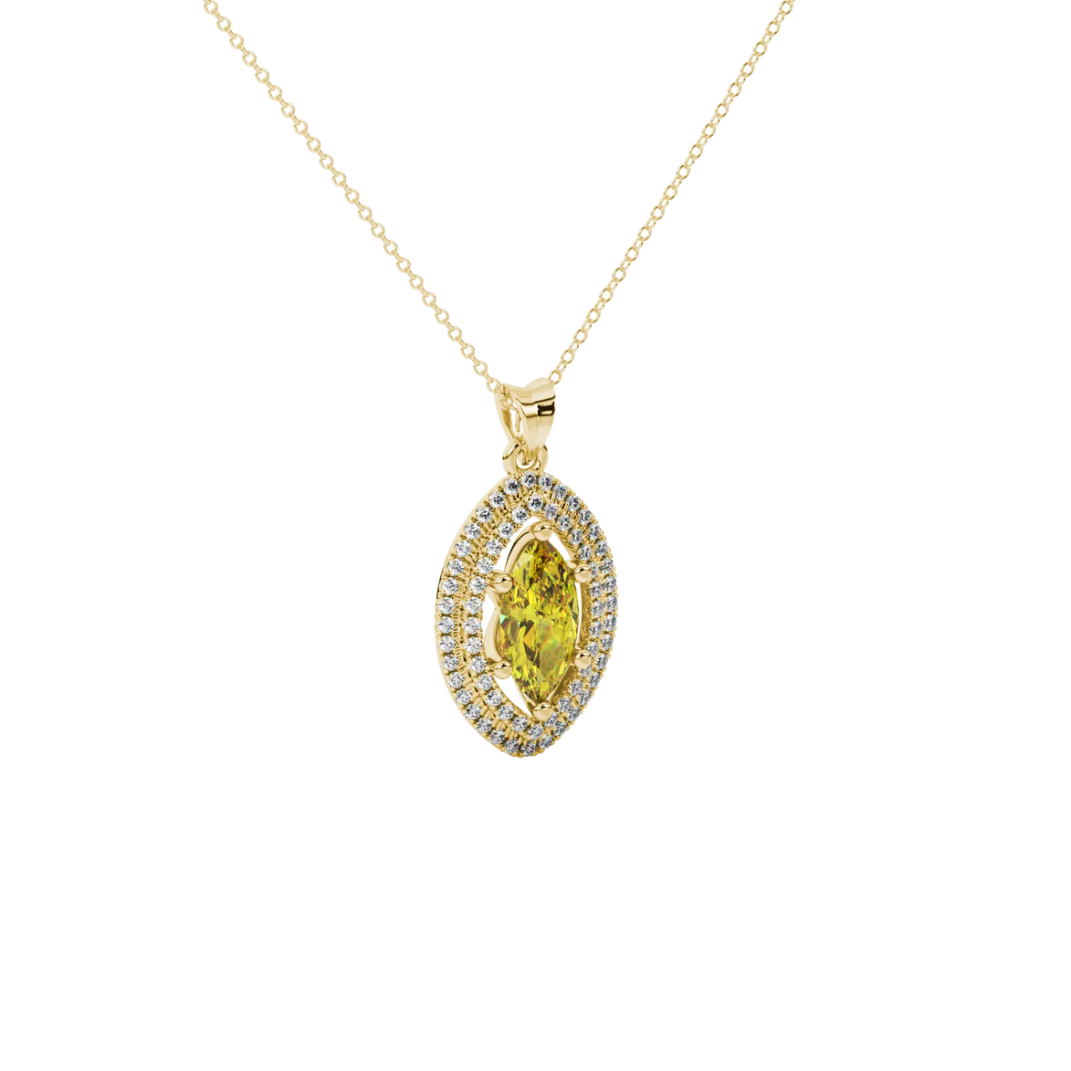 Close-up, marquise cut canary yellow gemstone, yellow gold falling edge halo pendant.