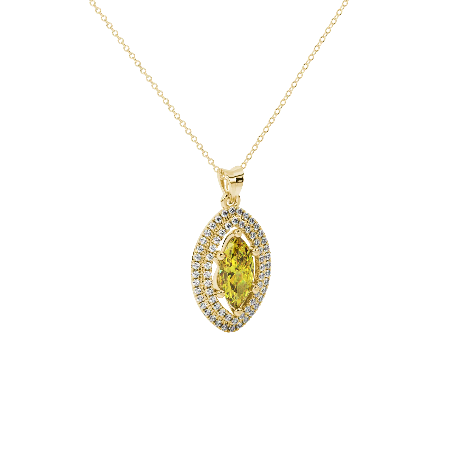 Close-up, marquise cut canary yellow gemstone, yellow gold falling edge halo pendant.