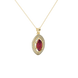 Close-up, marquise cut raspberry red gemstone, yellow gold falling edge halo pendant.