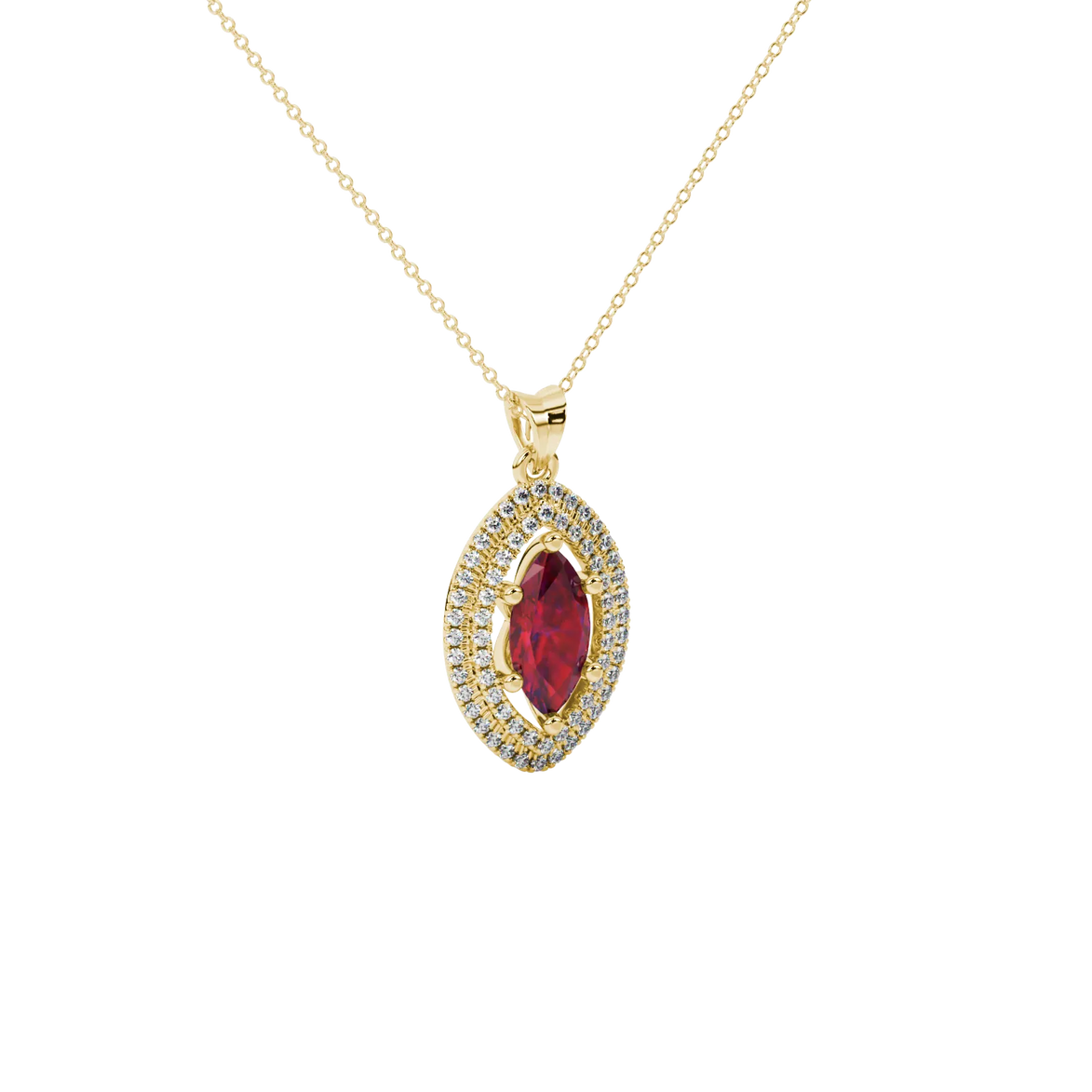 Close-up, marquise cut raspberry red gemstone, yellow gold falling edge halo pendant.
