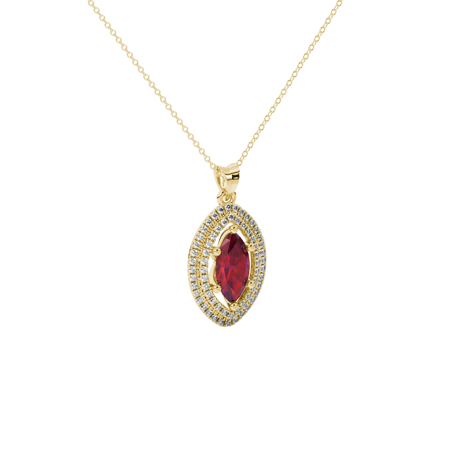 Close-up, marquise cut raspberry red gemstone, yellow gold falling edge halo pendant.