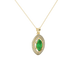 Close-up, marquise cut emerald green gemstone, yellow gold falling edge halo pendant.
