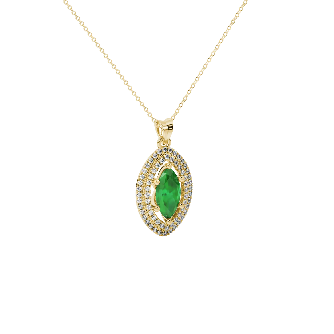 Close-up, marquise cut emerald green gemstone, yellow gold falling edge halo pendant.