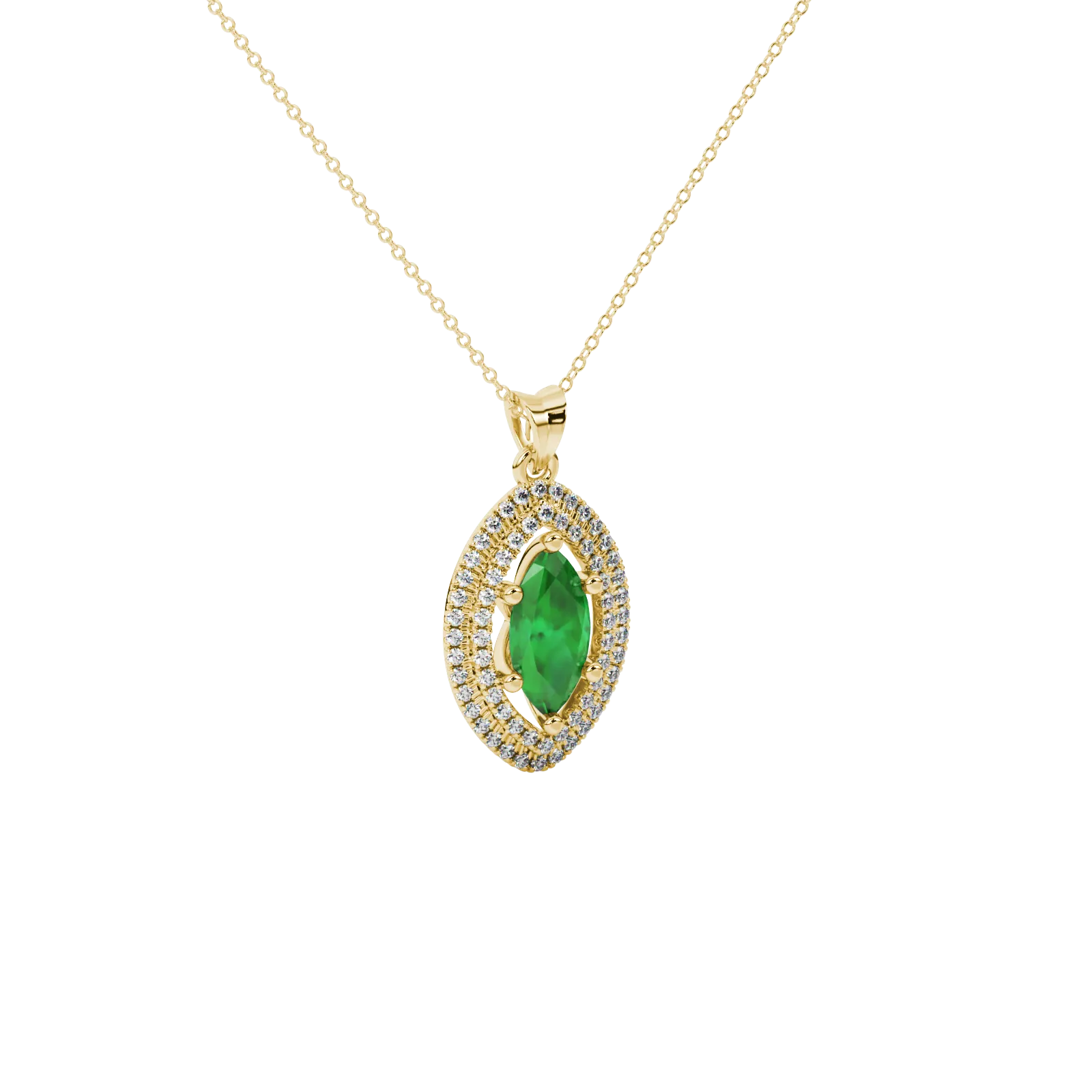 Close-up, marquise cut emerald green gemstone, yellow gold falling edge halo pendant.