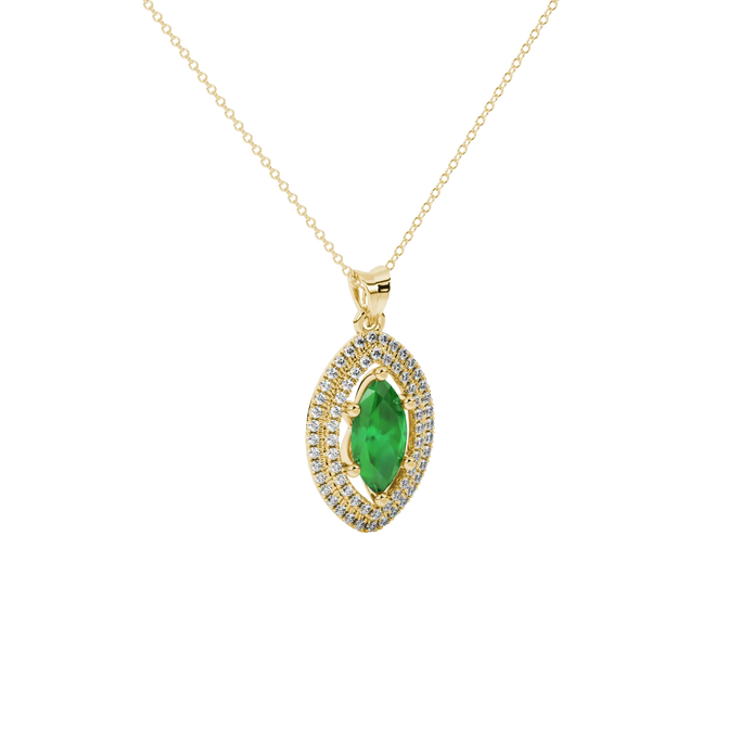 Close-up, marquise cut emerald green gemstone, yellow gold falling edge halo pendant.