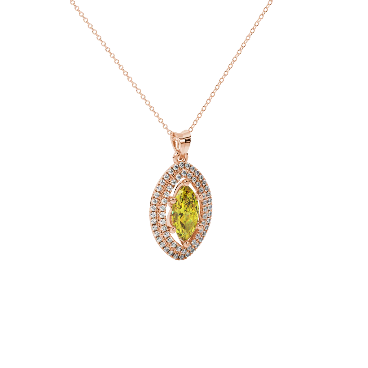 Close-up, marquise cut canary yellow gemstone pendant, rose gold falling edge halo.