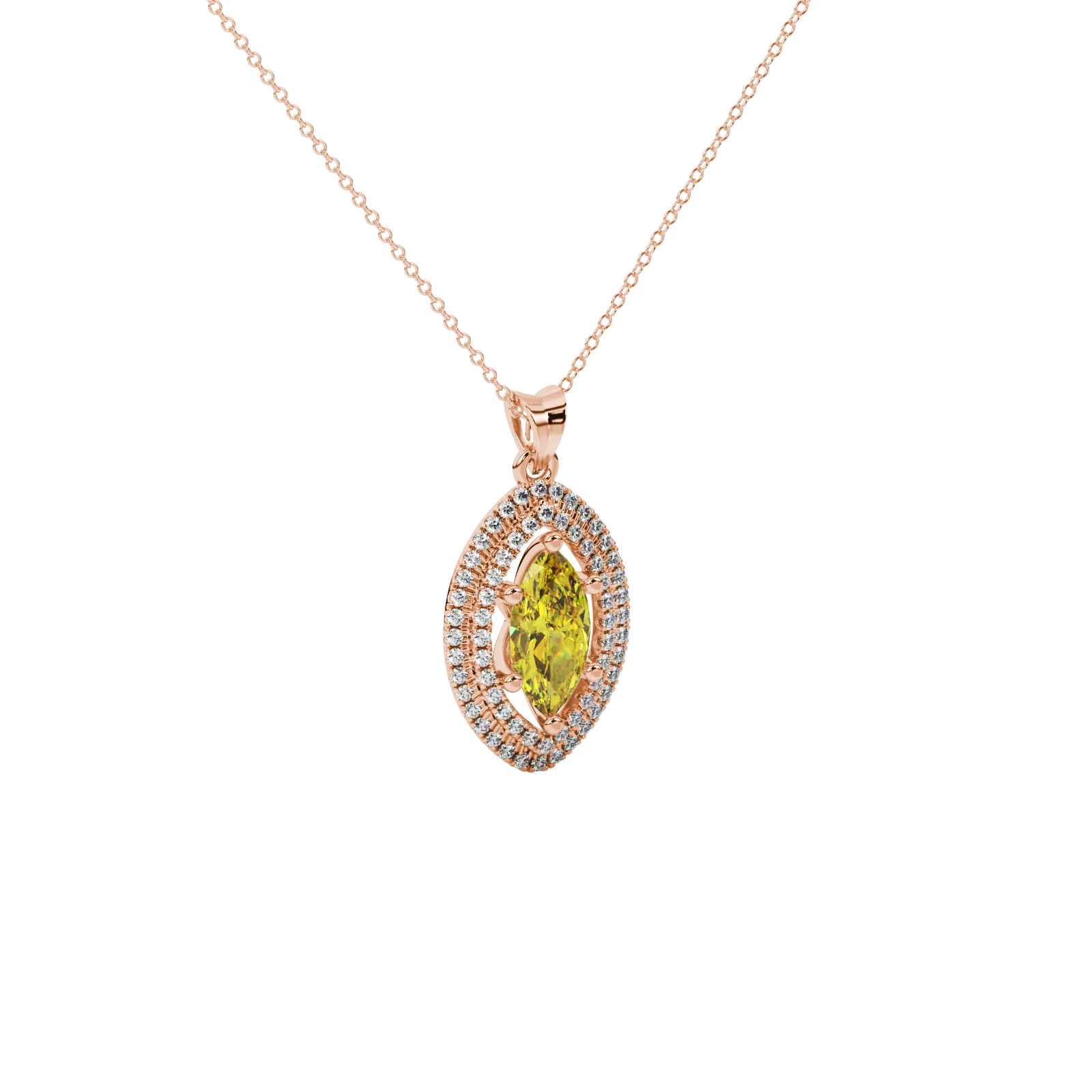 Close-up, marquise cut canary yellow gemstone pendant, rose gold falling edge halo.