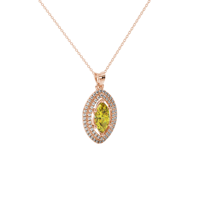 Close-up, marquise cut canary yellow gemstone pendant, rose gold falling edge halo.