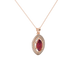 Close-up, marquise cut raspberry red gemstone pendant, rose gold falling edge halo.