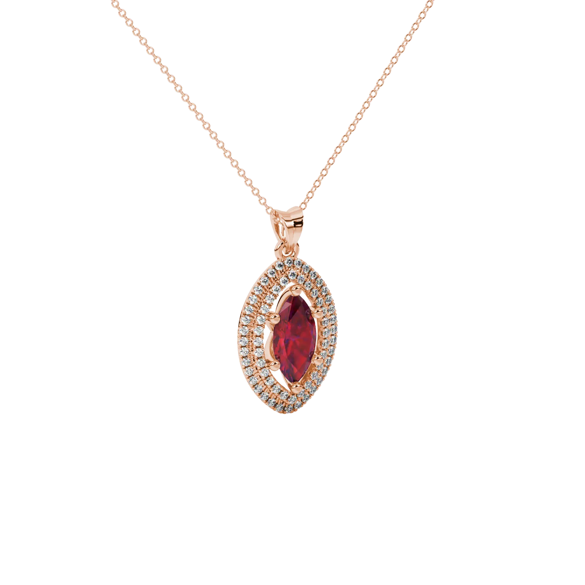 Close-up, marquise cut raspberry red gemstone pendant, rose gold falling edge halo.
