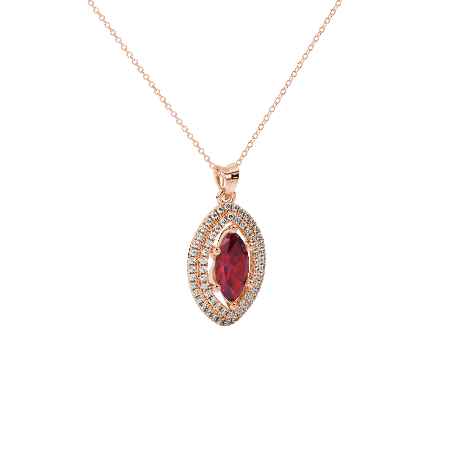 Close-up, marquise cut raspberry red gemstone pendant, rose gold falling edge halo.