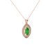 Close-up, marquise cut emerald green gemstone pendant, rose gold falling edge halo.