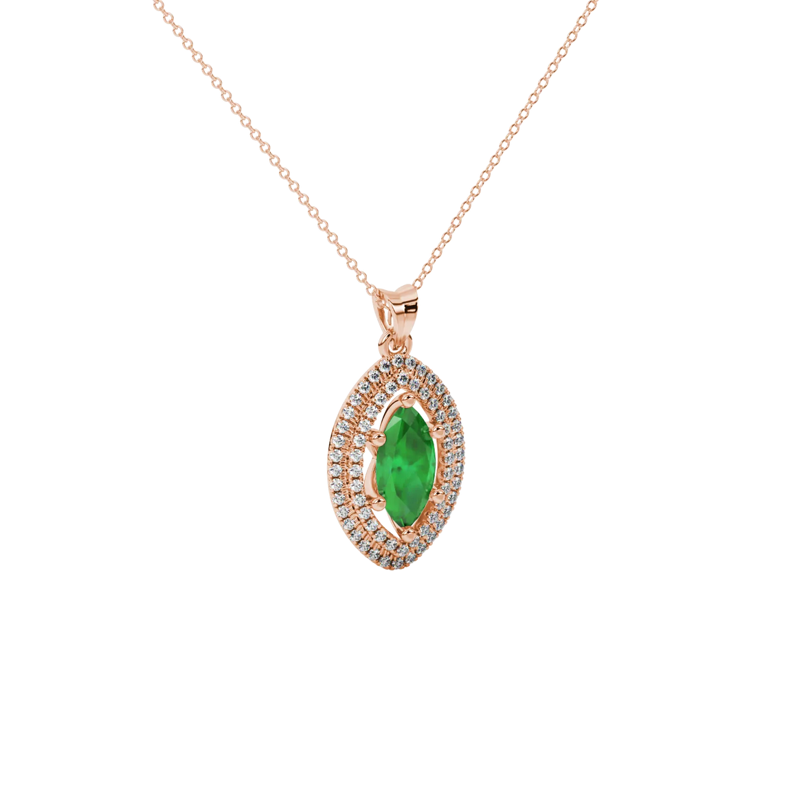 Close-up, marquise cut emerald green gemstone pendant, rose gold falling edge halo.