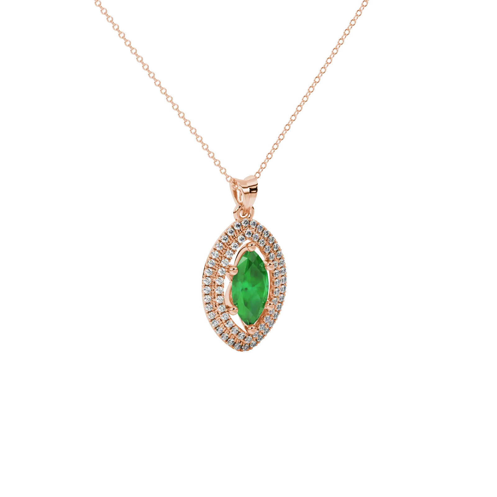 Close-up, marquise cut emerald green gemstone pendant, rose gold falling edge halo.