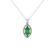 Marquise cut emerald green gemstone pendant, white gold French pavé halo setting.