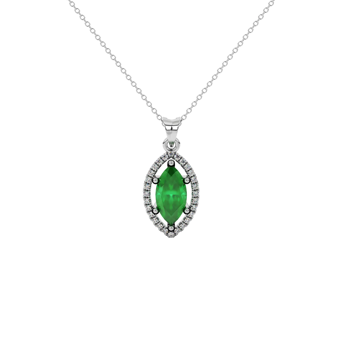 Marquise cut emerald green gemstone pendant, white gold French pavé halo setting.
