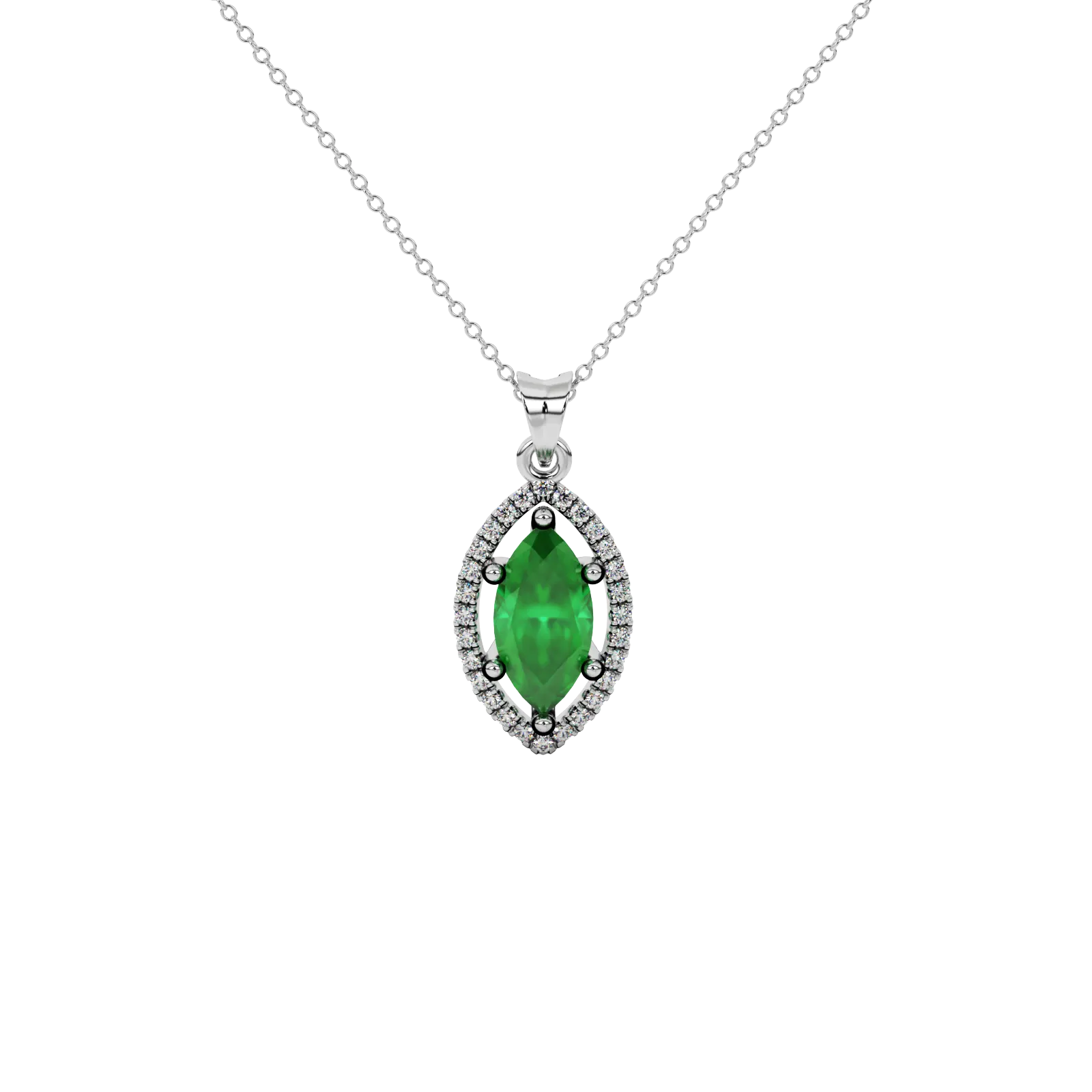 Marquise cut emerald green gemstone pendant, white gold French pavé halo setting.