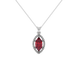 Marquise cut raspberry red gemstone pendant, white gold French pavé halo setting.