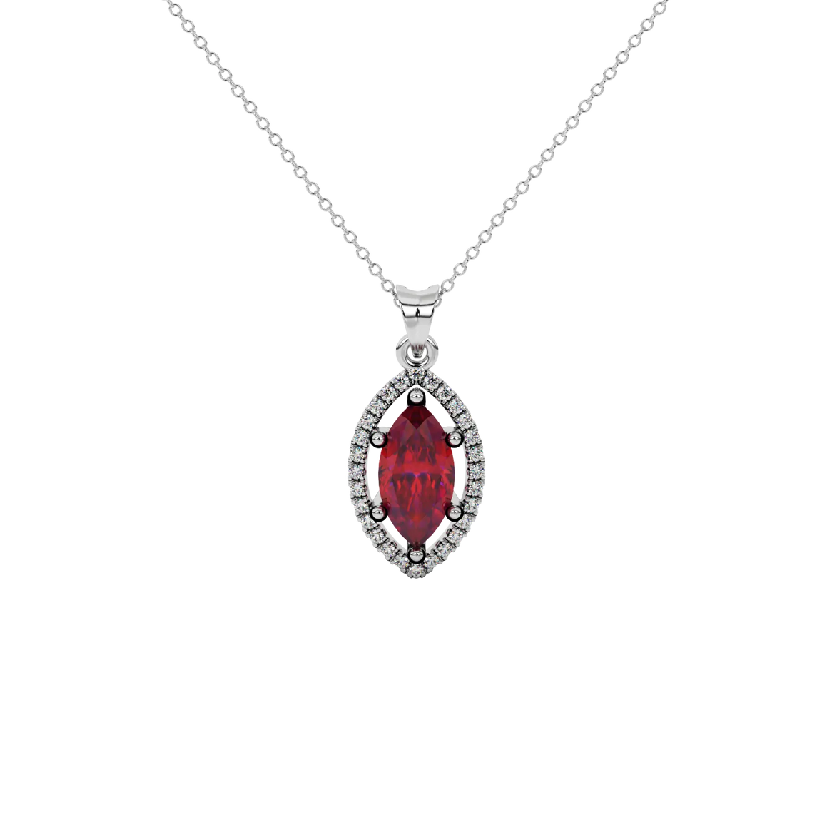 Marquise cut raspberry red gemstone pendant, white gold French pavé halo setting.