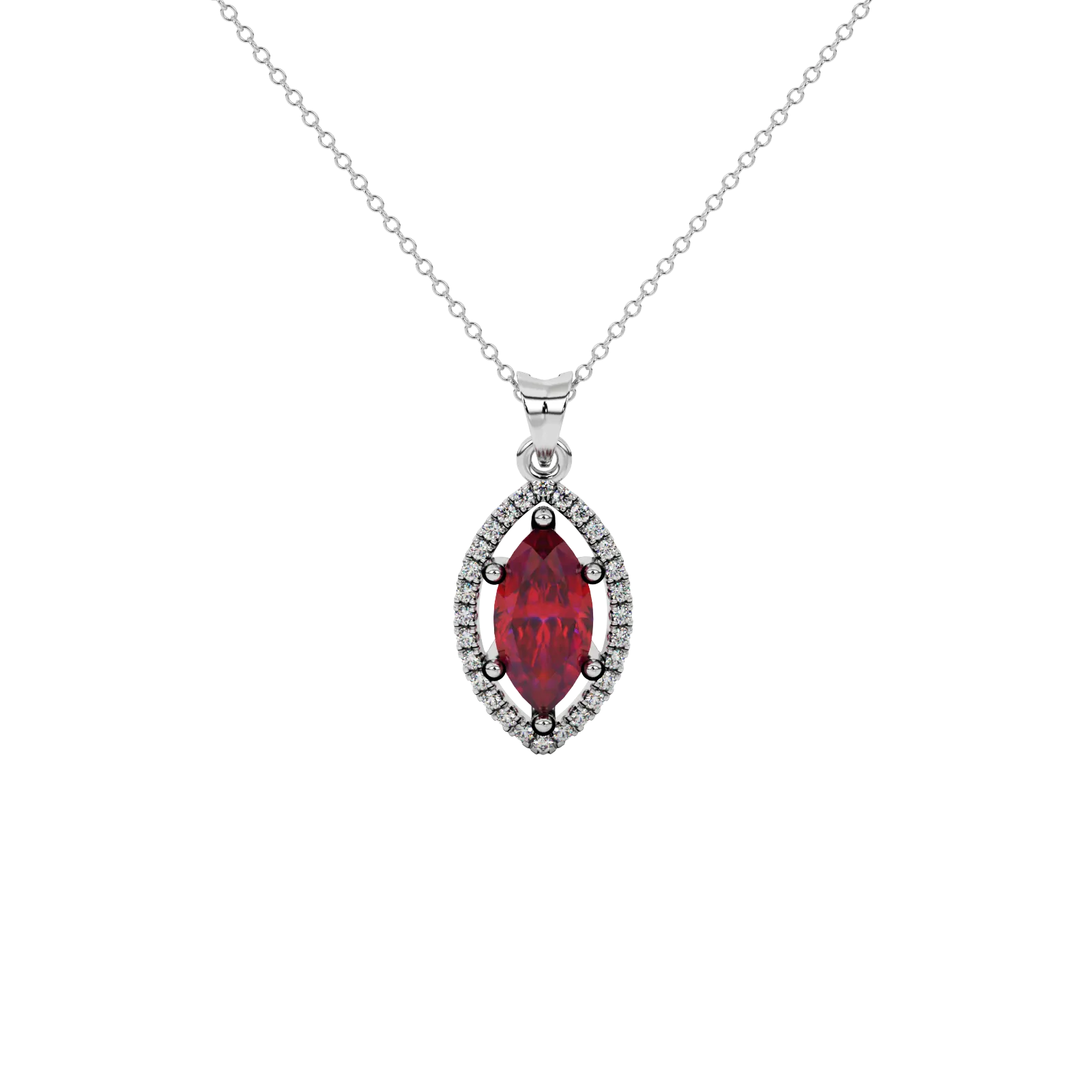 Marquise cut raspberry red gemstone pendant, white gold French pavé halo setting.