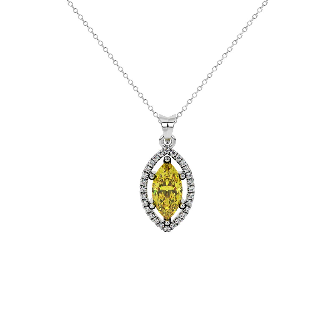 Marquise cut canary yellow gemstone pendant, white gold French pavé halo setting.