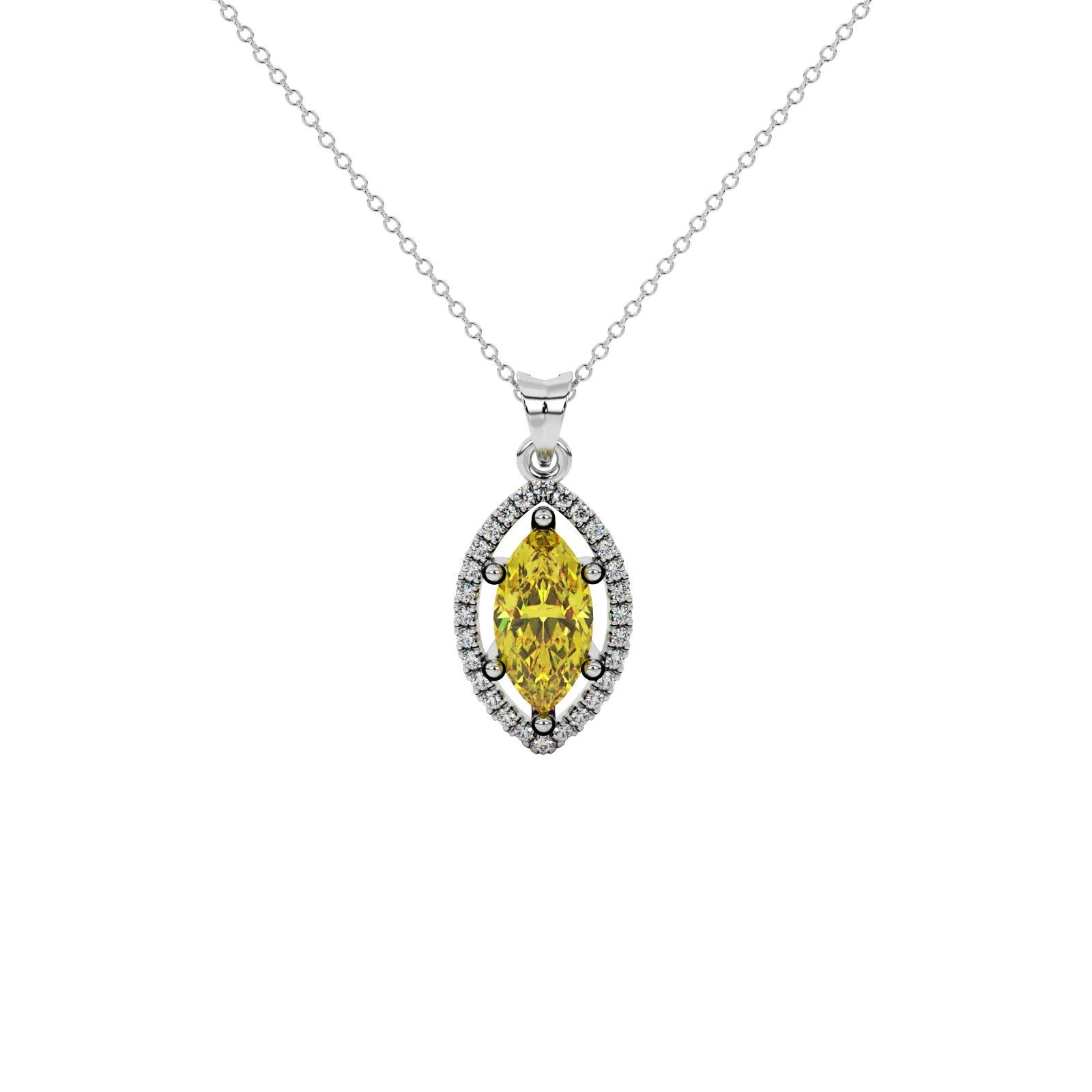 Marquise cut canary yellow gemstone pendant, white gold French pavé halo setting.