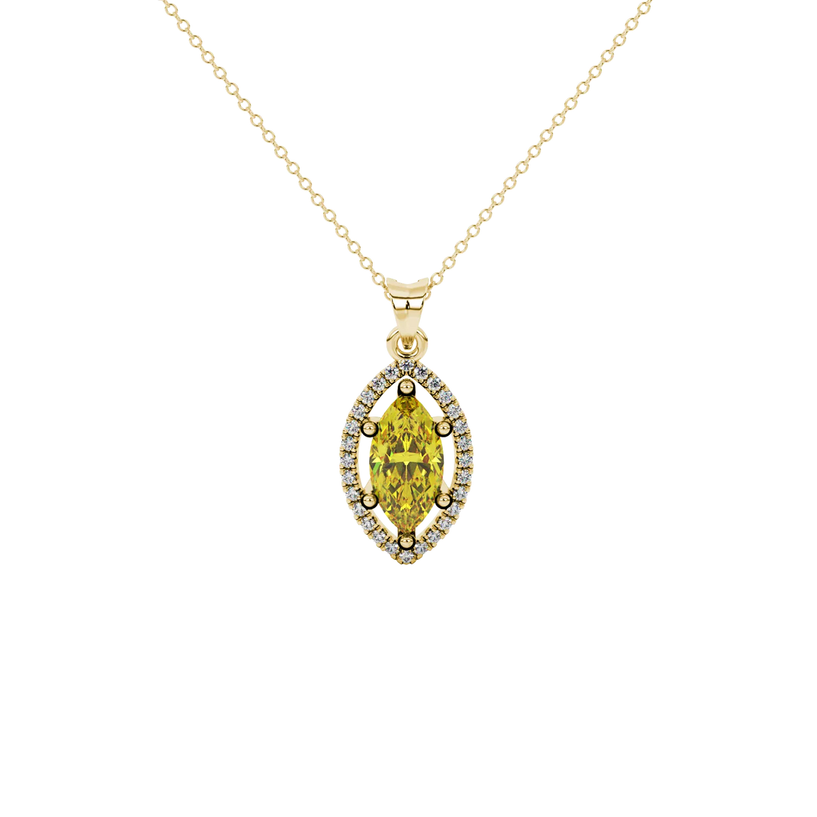 Marquise cut canary yellow gemstone pendant, yellow gold French pavé halo setting