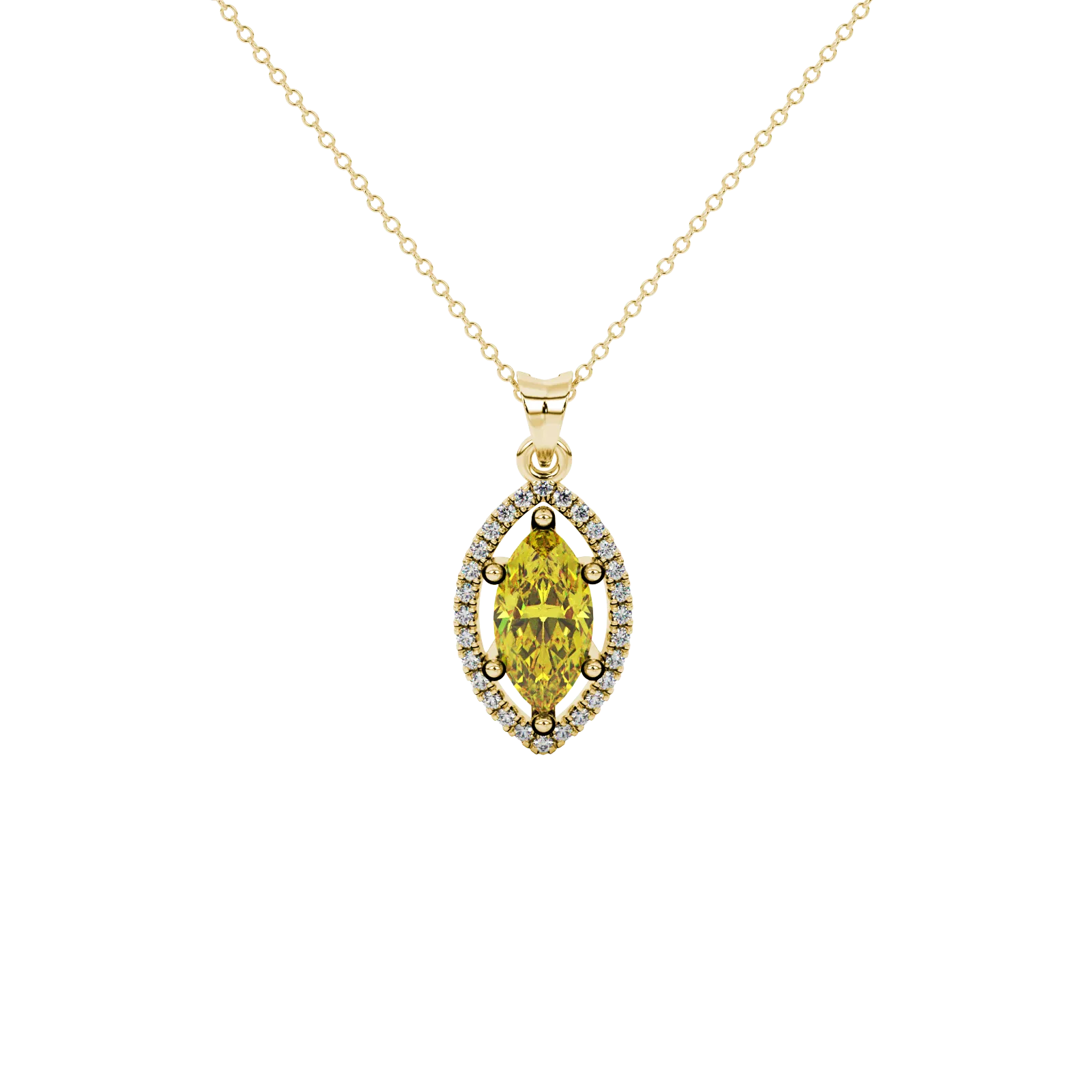 Marquise cut canary yellow gemstone pendant, yellow gold French pavé halo setting